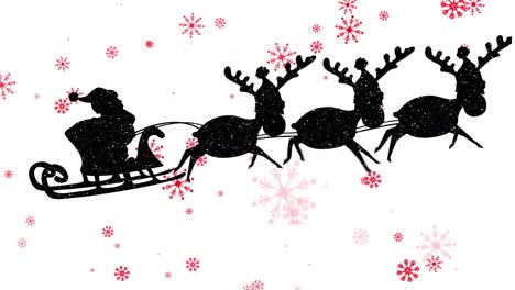 Red-snowflakes-falling-over-santa-claus-in-sleigh-being-pulled-by-reindeers-against-white-background
