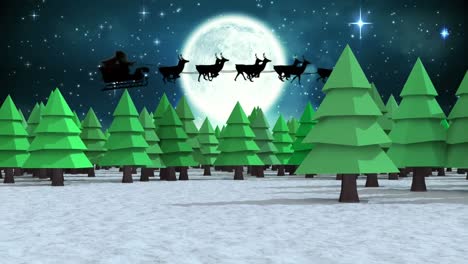 Weihnachtsmann-Im-Schlitten,-Der-Von-Rentieren-über-Die-Winterlandschaft-Gezogen-Wird,-Vor-Dem-Mond-Am-Nachthimmel