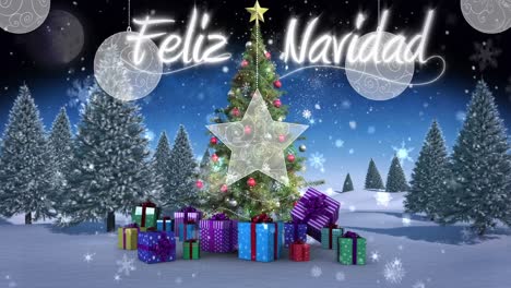 Animation-of-feliz-navidad-text-and-christmas-tree-over-winter-scenery