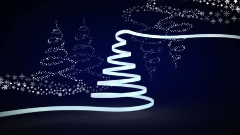 Animation-of-christmas-white-ribbon-forming-christmas-tree-on-blue-background