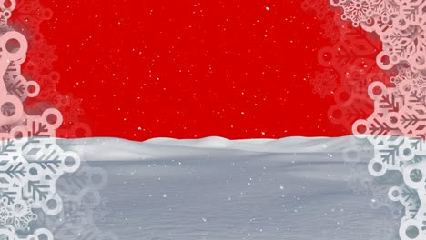 Animation-of-winter-scenery-with-winter-frame-on-red-background
