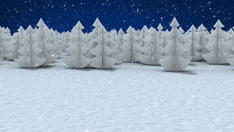 Animation-of-winter-scenery-with-fir-trees-on-blue-background