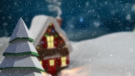 Animation-Einer-Winterlandschaft-Mit-Dekoriertem-Haus-Auf-Blauem-Hintergrund