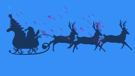 Purple-light-trails-over-santa-claus-in-sleigh-being-pulled-by-reindeers-on-blue-background