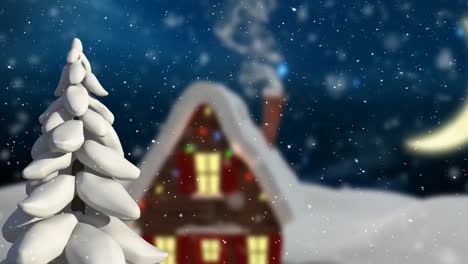 Animation-of-winter-scenery-with-decorated-house-on-blue-background