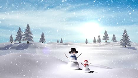 Animation-of-snowman-and-snow-falling-over-snowy-landscape