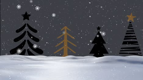Snowflakes-falling-over-winter-landscape-against-christmas-tree-icons-on-grey-background