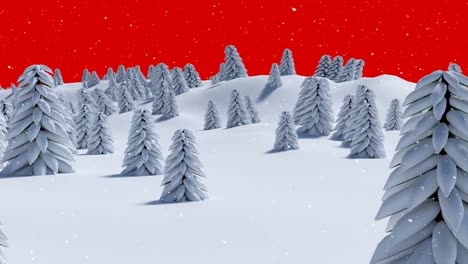 Animation-of-winter-scenery-with-fir-trees-on-red-background