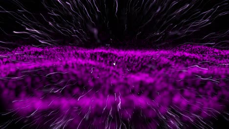 Purple-light-trail-exploding-over-purple-digital-wave-moving-against-black-background