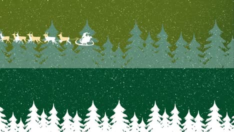 Snow-falling-over-santa-claus-in-sleigh-being-pulled-by-reindeers-against-multiple-trees