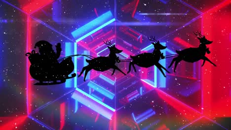 Snow-falling-over-santa-claus-in-sleigh-being-pulled-by-reindeers-against-glowing-tunnel
