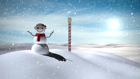 Snow-falling-over-snowwoman-on-winter-landscape-against-blue-sky