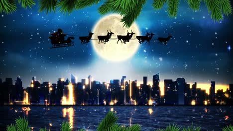 Green-tree-branches-against-santa-claus-in-sleigh-being-pulled-by-reindeers-over-cityscape
