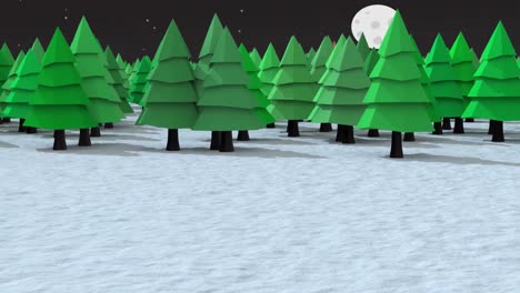 Animation-Von-Bäumen-über-Dem-Weihnachtsmann-Im-Schlitten-Mit-Rentieren,-Die-Sich-Mit-Mond-Und-Winterlandschaft-Bewegen