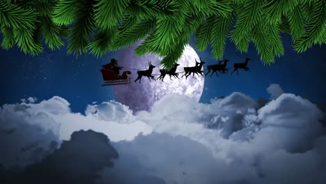 Grüne-Äste-Gegenüber-Dem-Weihnachtsmann-Im-Schlitten,-Der-Von-Rentieren-Gegen-Den-Nachthimmel-Gezogen-Wird