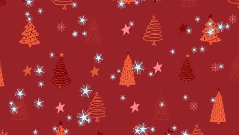 Multiple-star-icons-falling-against-multiple-stars-and-christmas-tree-icons-on-red-background