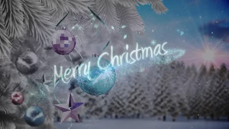 Animation-of-winter-scenery-with-merry-christmas-text-and-christmas-tree