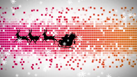 Animation-of-santa-claus-in-sleigh-with-reindeer-with-snow-falling-over-pink-and-orange-mosaic
