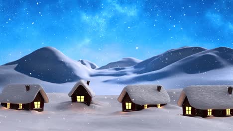 Animation-of-winter-scenery-with-houses-on-blue-background