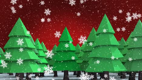 Snowflakes-falling-over-multiple-tree-icons-on-winter-landscape-against-red-background