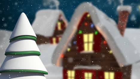 Animation-Einer-Winterlandschaft-Mit-Dekorierten-Häusern-Auf-Blauem-Hintergrund
