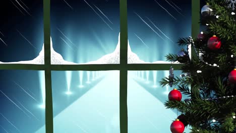 Christmas-tree-and-wooden-window-frame-against-spot-lights-on-blue-background
