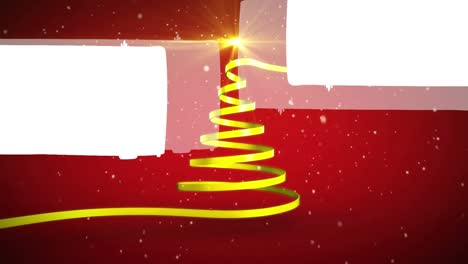 Animación-De-Cinta-Amarilla-Navideña-Formando-árbol-De-Navidad-Sobre-Fondo-Rojo