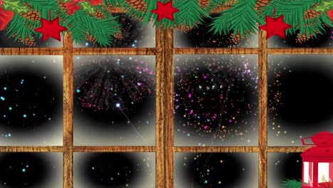 Christmas-lamp,-decorations-and-wooden-window-frame-against-colorful-fireworks-exploding