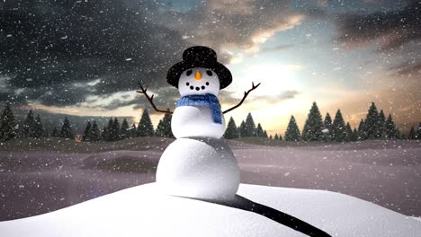 Animation-of-snowman-and-snow-falling-over-snowy-landscape