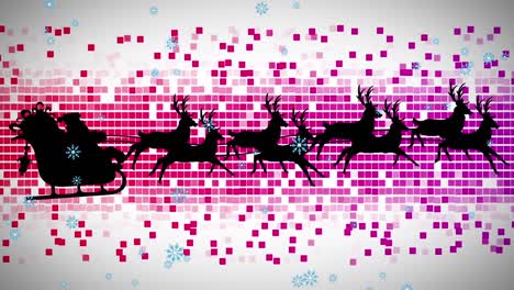 Snowflakes-icons-falling-over-santa-claus-in-sleigh-being-pulled-by-reindeers-against-mosaic-squares