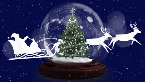 Christmas-tree-in-snow-globe-over-santa-claus-in-sleigh-being-pulled-by-reindeers-on-blue-background
