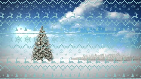 Patrón-Tradicional-De-Navidad-En-Patrones-Sin-Fisuras-Contra-El-árbol-De-Navidad-En-El-Paisaje-Invernal