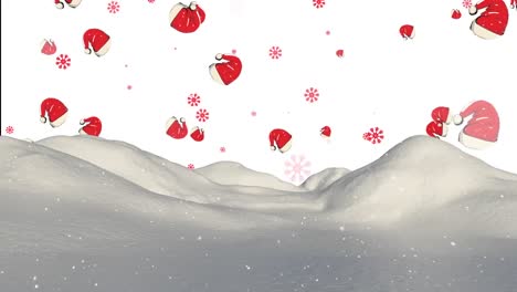 Schnee-Fällt-über-Die-Winterlandschaft-Und-Schneeflocken-Und-Weihnachtsmützen-Symbole-Fallen-Auf-Weißen-Hintergrund