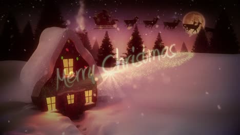 Feliz-Navidad-Texto-Y-Copos-De-Nieve-Cayendo-Contra-La-Casa-En-El-Paisaje-Invernal-Contra-El-Cielo-Nocturno