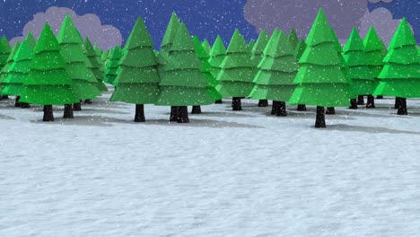 Nieve-Cayendo-Sobre-Varios-Iconos-De-árboles-En-El-Paisaje-Invernal-Contra-Iconos-De-Nubes-Sobre-Fondo-Azul