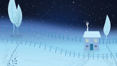 Animation-of-winter-scenery-with-house-on-black-background
