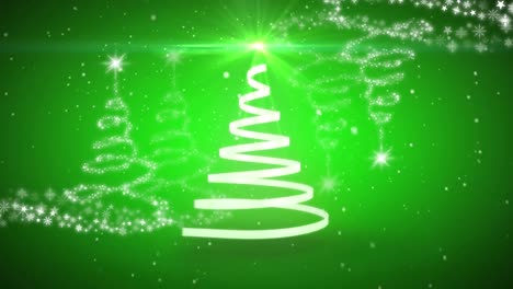Animation-of-christmas-white-ribbon-forming-christmas-tree-on-green-background