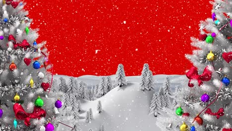 Animation-Einer-Winterlandschaft-Mit-Tannenbäumen-Auf-Rotem-Hintergrund