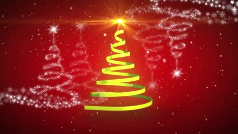 Spot-of-light-over-ribbon-forming-a-christmas-tree-against-christmas-tree-icons-on-red-background