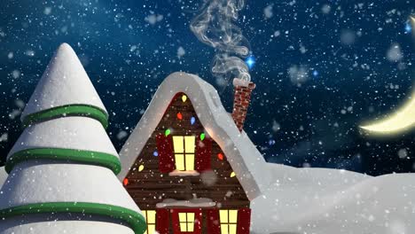 Schnee-Fällt-über-Weihnachtsbaum-Und-Haus-In-Der-Winterlandschaft-Vor-Dem-Nachthimmel