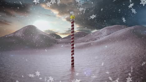 Animation-of-snow-falling-over-winter-scenery-with-north-pole-sign