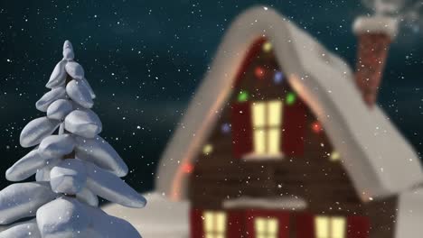 Animation-of-winter-scenery-with-decorated-house-on-blue-background