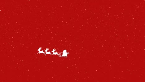 Schnee-Fällt-über-Den-Weihnachtsmann-Im-Schlitten,-Der-Von-Rentieren-Vor-Rotem-Hintergrund-Gezogen-Wird
