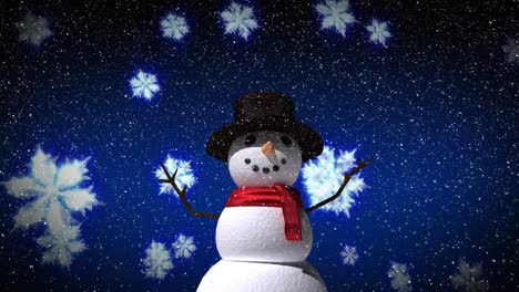 Animation-of-snowman-and-snow-falling-on-blue-background