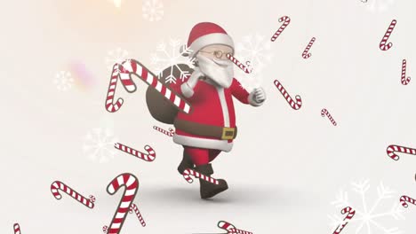 Animation-of-snow-and-candy-canes-falling-over-santa-claus-running