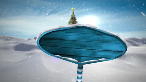 Animation-of-wooden-sign-and-christmas-tree-over-winter-scenery