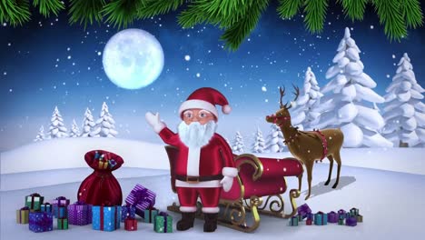 Ramas-De-árboles-Verdes-Sobre-Santa-Claus-Saludando-Y-Regalos-De-Navidad-En-El-Paisaje-Invernal