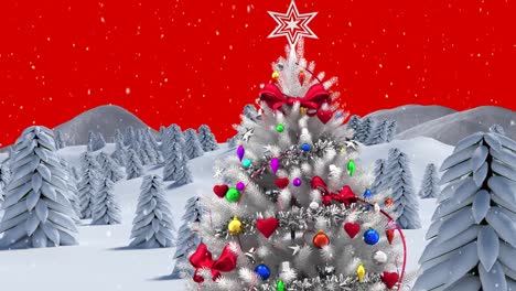 Animation-Einer-Winterlandschaft-Mit-Tannenbäumen-Auf-Rotem-Hintergrund