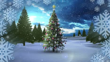 Snowflakes-pattern-over-snow-falling-over-christmas-tree-on-winter-landscape-against-blue-sky