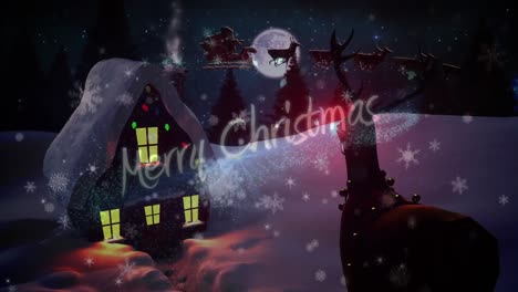 Frohe-Weihnachten-Text-Und-Schneeflocken,-Die-Gegen-Das-Haus-In-Der-Winterlandschaft-Vor-Dem-Nachthimmel-Fallen